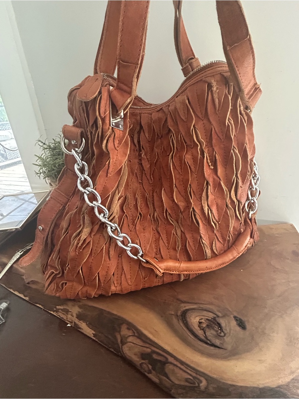 Vintage textured leaf boho slouchy leather shoulder hobo Tote Bag in Rust Orange